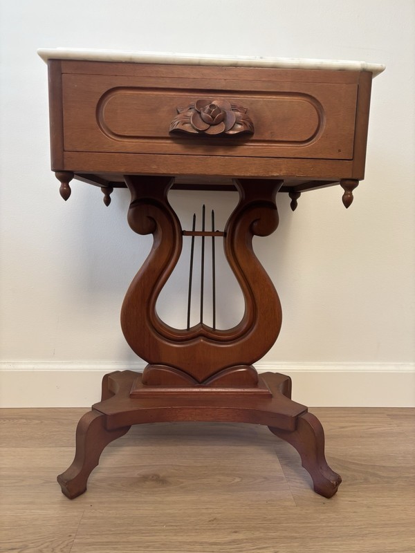 Victorian Mahogany Lyre Base Side Table Marble Top Drawer Antique Finish