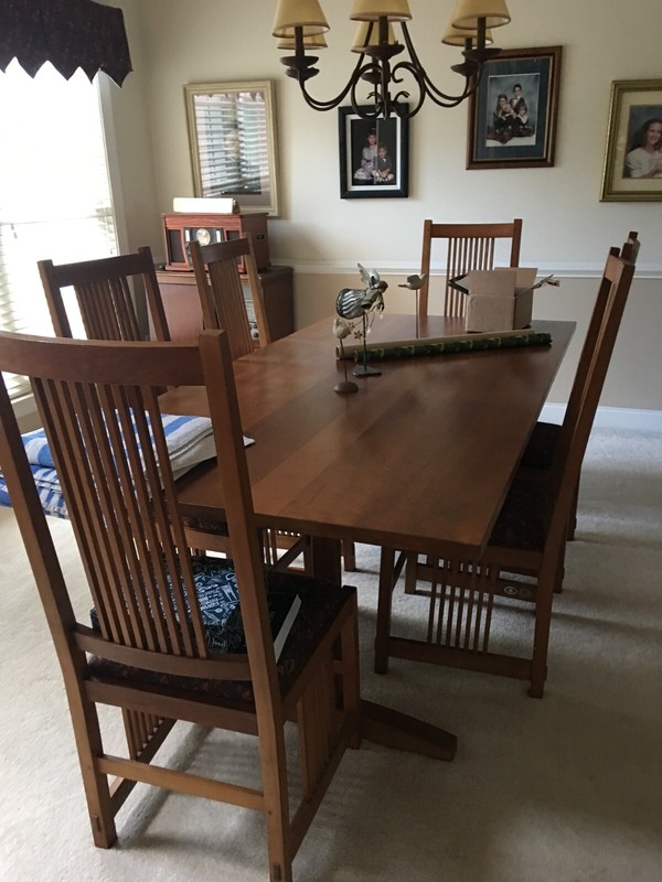STICKLEY FURNITURE- MISSION DINING ROOM TABLE SET WITH SPINDLE ARM/ SIDE CHAIRS