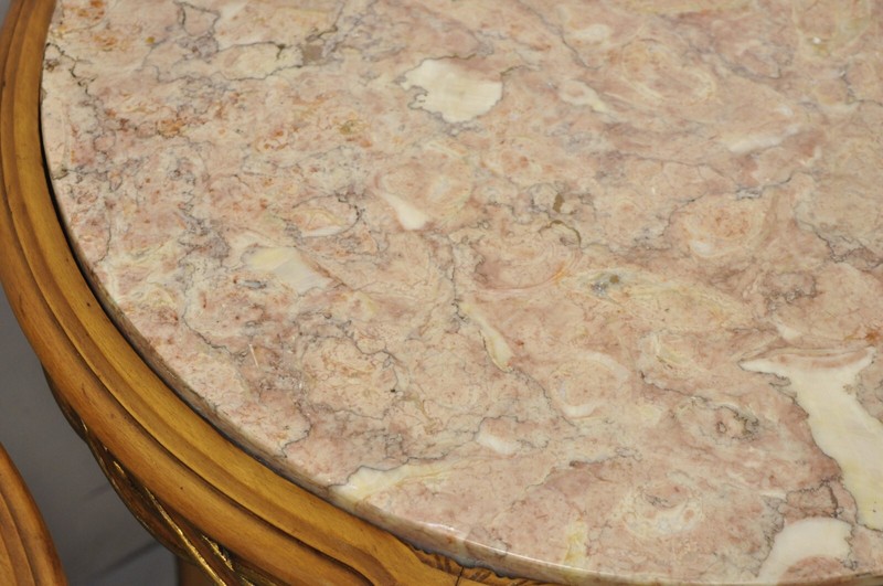 French Provincial Hollywood Regency Round Pink Marble Top Side Tables - a Pair gallery