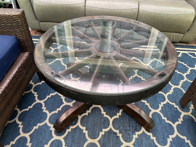 Antique Wagon Wheel Coffee Table With a lot of character