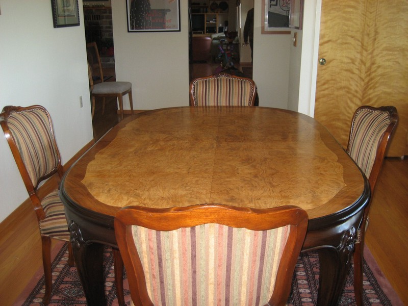 WALNUT (BURLED) DINING TABLE AND 4 MATCHING CHAIRS--ALL LOUIS XV STYLE gallery