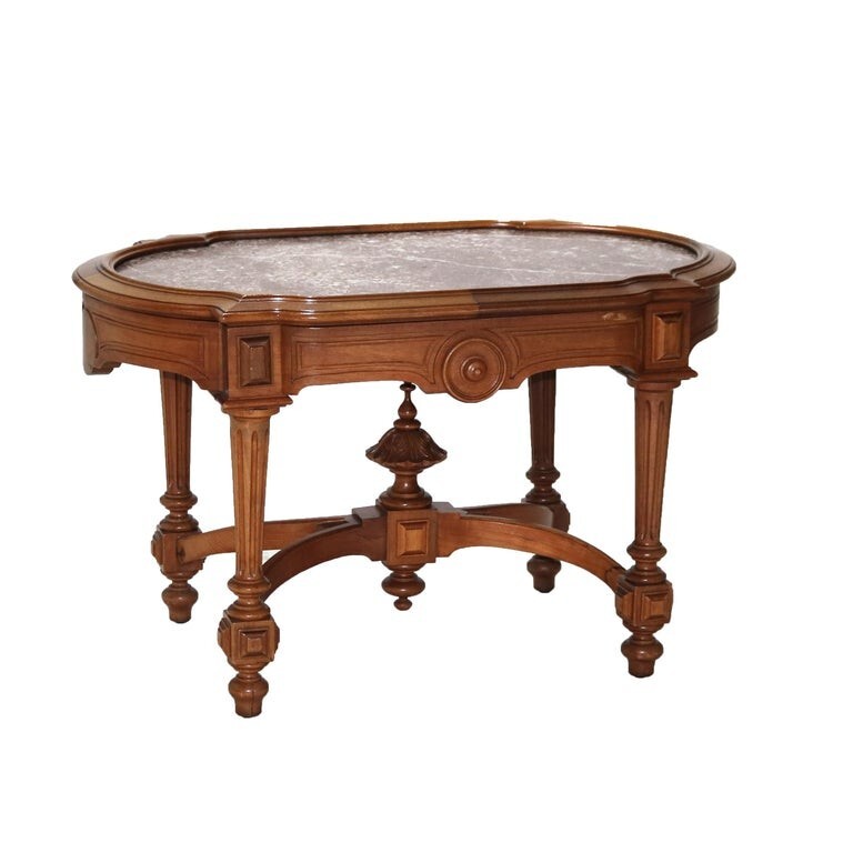 Antique Renaissance Revival Walnut Rouge Marble Parlor Table & Picture Frame Top gallery