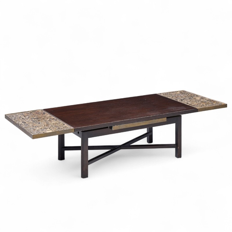 Edward Wormley for Dunbar Walnut Stone and Brass Expanding Coffee Table