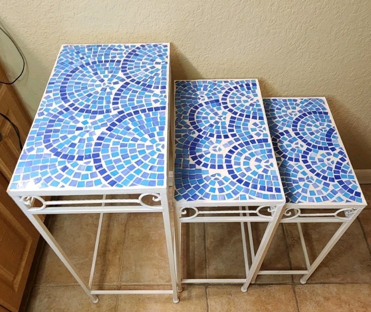 Set Of 3 Vintage Blue Rainbow Mosaic Tiled Cast Iron Nesting/Stackable Tables gallery