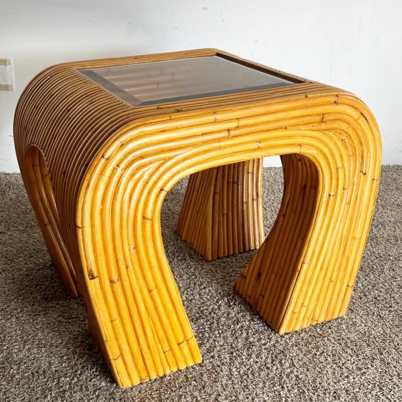 Boho Chic Split Bamboo Waterfall Side Table With Inlaid Smoked Glass