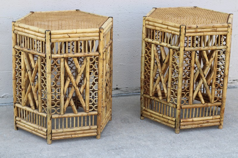 Large Vintage Brighton Pavilion Style Burnt Bamboo Fretwork Dining Table Bases gallery