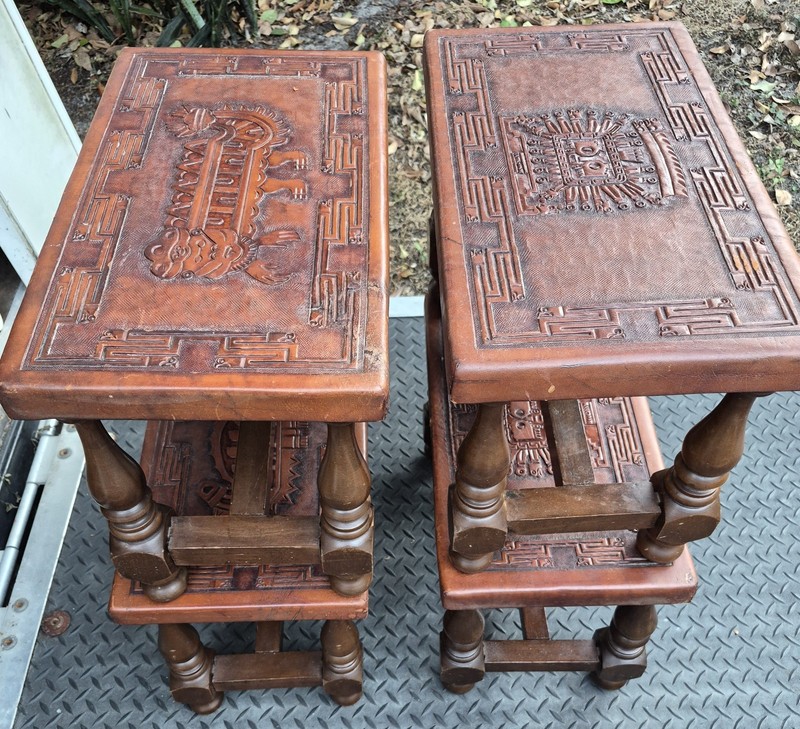 4-Vintage Mid-Century Small wood benches with Hand-tooled leather tops from Peru gallery