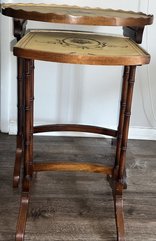 1920’s Antique Nesting Tables Set Of 2 Pastel Mahogany Hand Painted Rare Vintage gallery