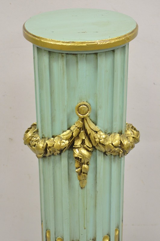 Italian Neoclassical French Empire Green & Gold Painted Wooden Column Pedestal gallery