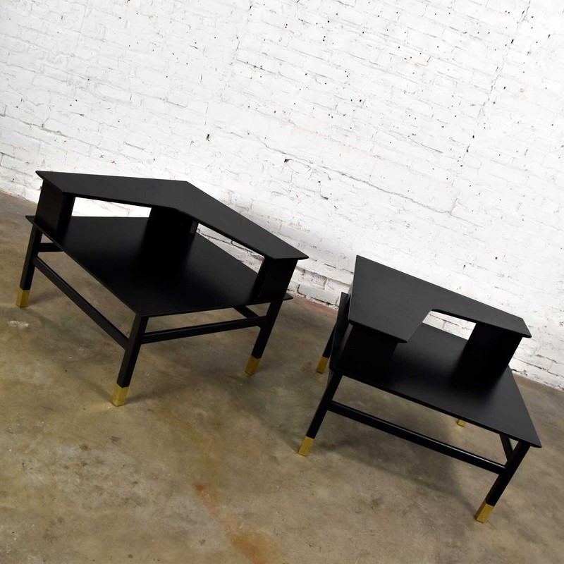 2 MCM Founders Corner Step Tables Black Brass Sabots Coronado Grp Luther Draper