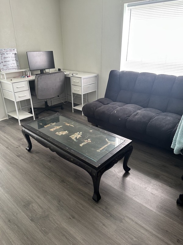 Vintage Black Lacquer Coffee Table – Mother of Pearl Inlay Hand-Painted Oriental