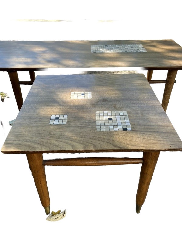 3 Pc. Vintage MCM 50s 60s Wood & Tile Long Mosaic Coffee & End Tables Set gallery