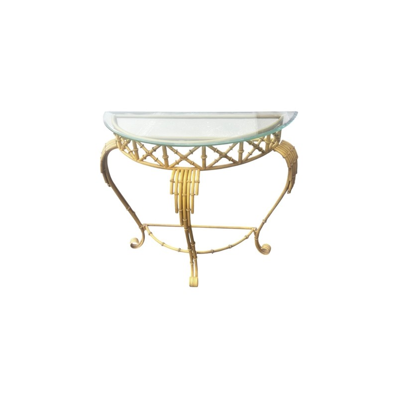 Hollywood Regency Faux Bamboo Demilune Entry Console Table with Mirror gallery