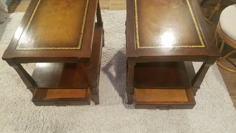 VINTAGE PAIR OF LEATHER INLAID 2 TIER NIGHT STANDS/ END TABLES ON WHEELS + BONUS gallery