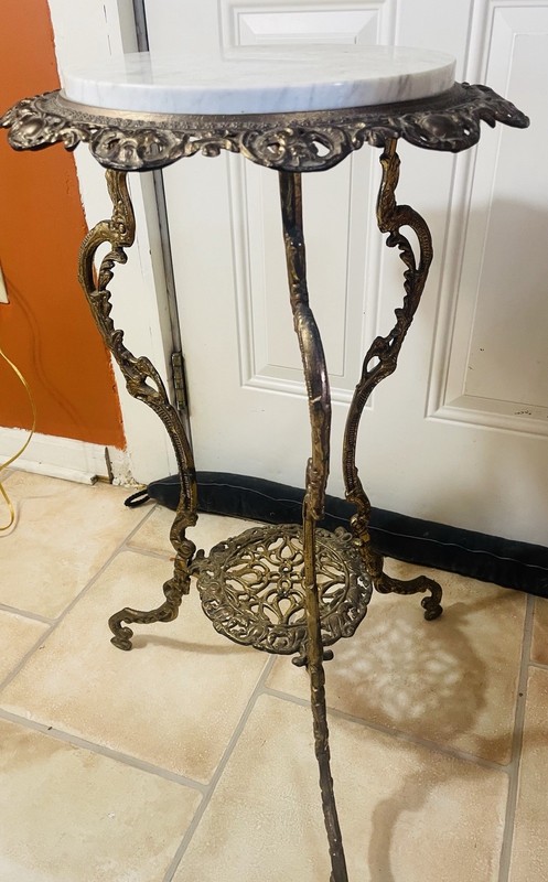 Antique French Art Nouveau Two-Tier Brass Italy Marble Plant Stand Side Table gallery