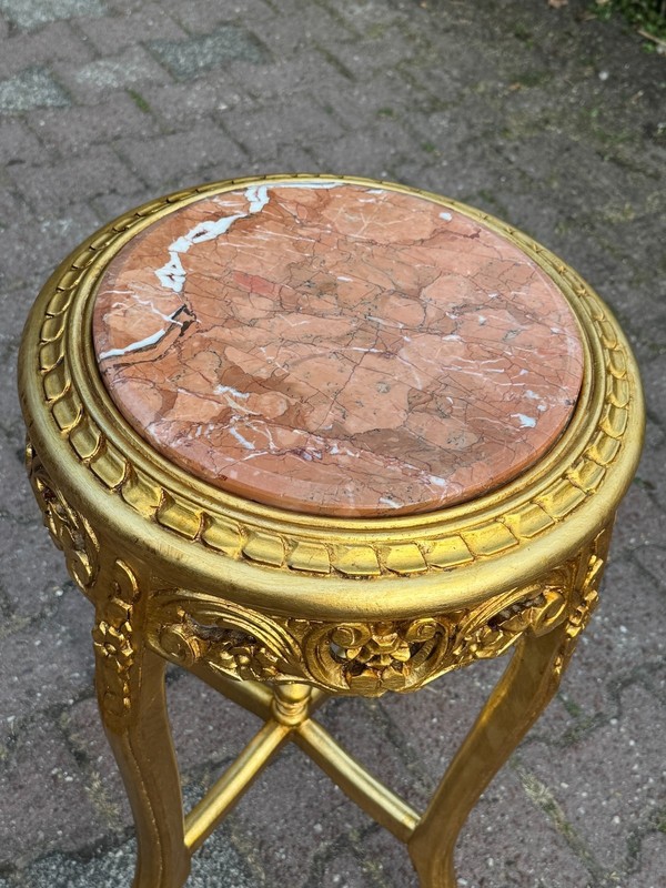 Side Tables Pair French Louis XVI Gold Gilt with Pink Marble Tops Vintage gallery