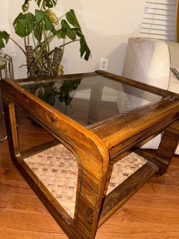 1940s/50s Vintage Waterfall Side Table | Glass Top | MCM | Solid Wood