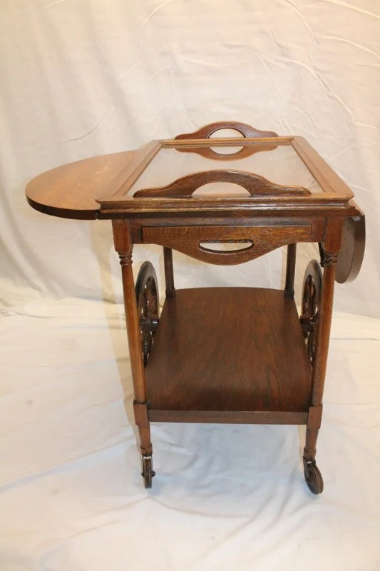 Antique Arts & Crafts Tiger Oak Drop Leaf Serving Table Tea Cart &Removable Tray gallery