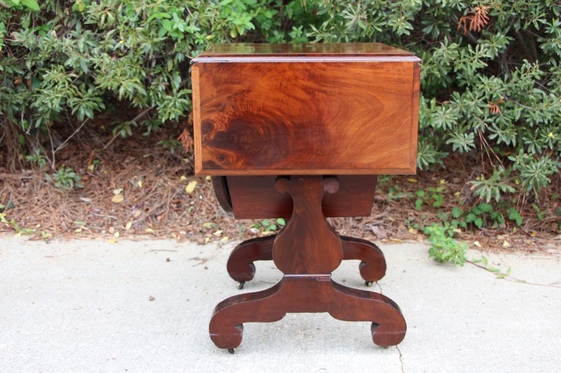 Empire Ca.1840 Flame Mahogany Three Drawer Drop Leaf Pot Belly Sewing Table gallery