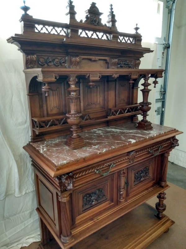 Antique French Renaissance Henry ll Walnut Heavily Carved Marble Top Server 1890 gallery