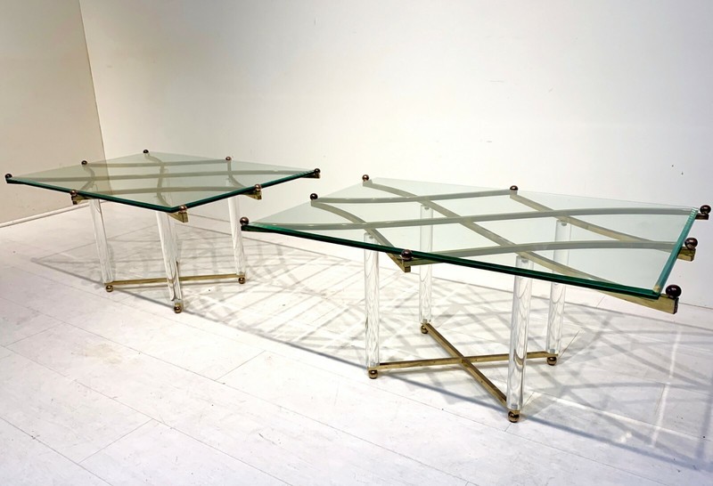 Hollywood Regency Treillage Series Lucite, Brass Tables by Charles Hollis Jones