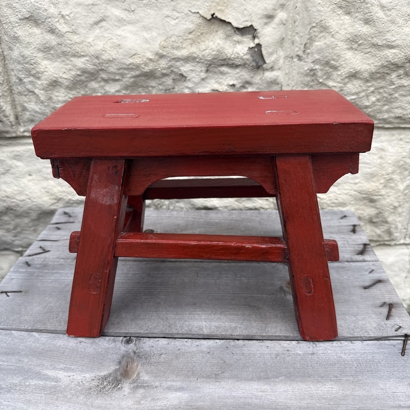 Vintage Asian Cricket Stool Red Paint Wooden 8x11x5 Inches gallery