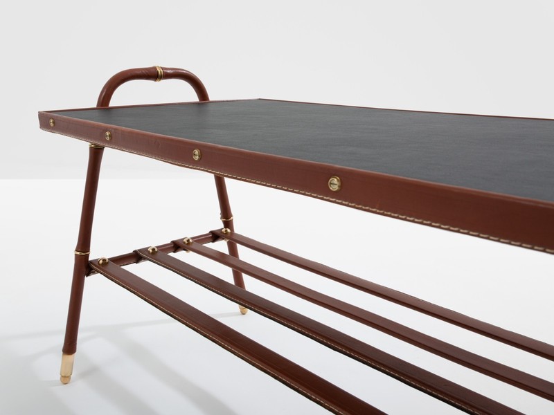 Jacques Adnet pique sellier red leather brass coffee table 1950 gallery