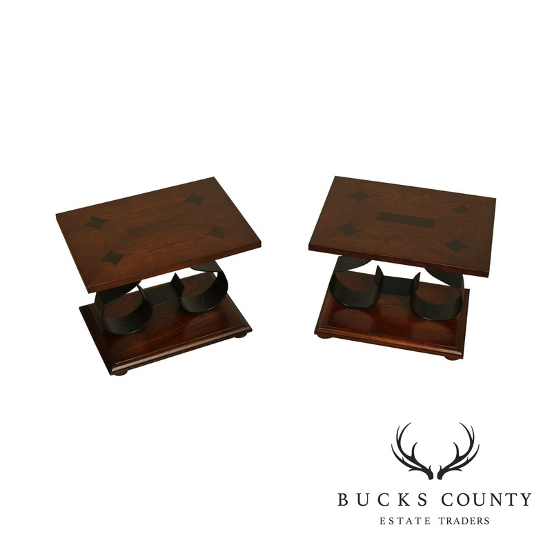 Mid Century Pair Oak and Black Wrought Iron Side Tables – Rosewood Butterfly