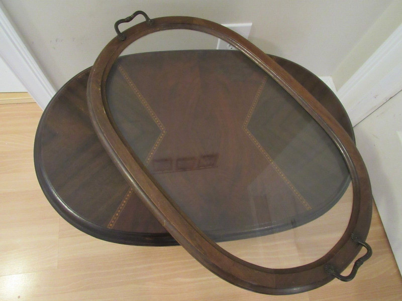 antique tea table REMOVABLE GLASS TOP TRAY early 1900's WOOD INLAY WILL SHIP!! gallery