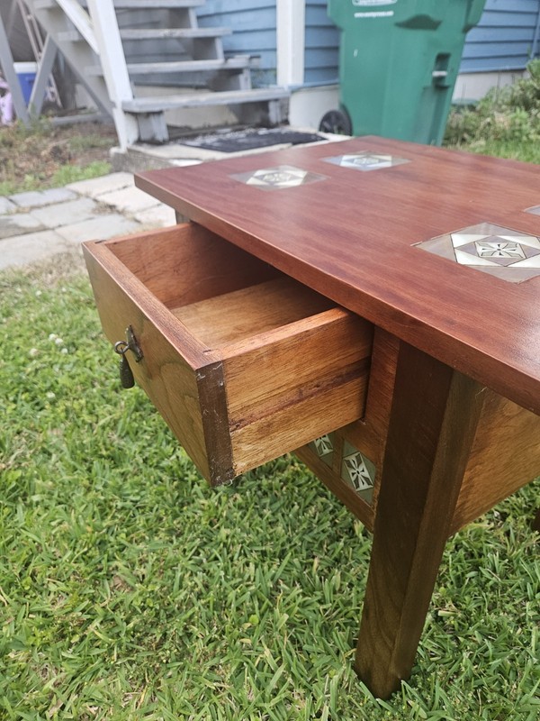 Antique Mission Style Tile Inlayed Walnut End Table 19th Century gallery