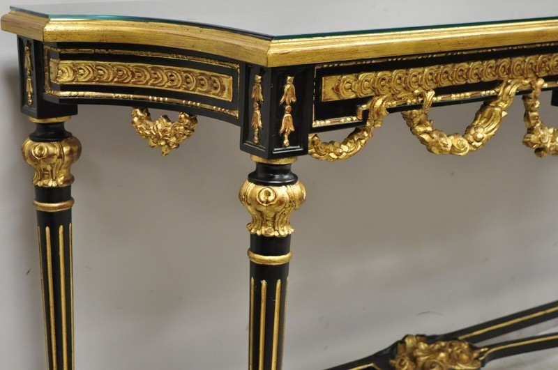 Labarge French Louis XVI Italian Black Lacquer Gold Gilt Jansen Console Table gallery