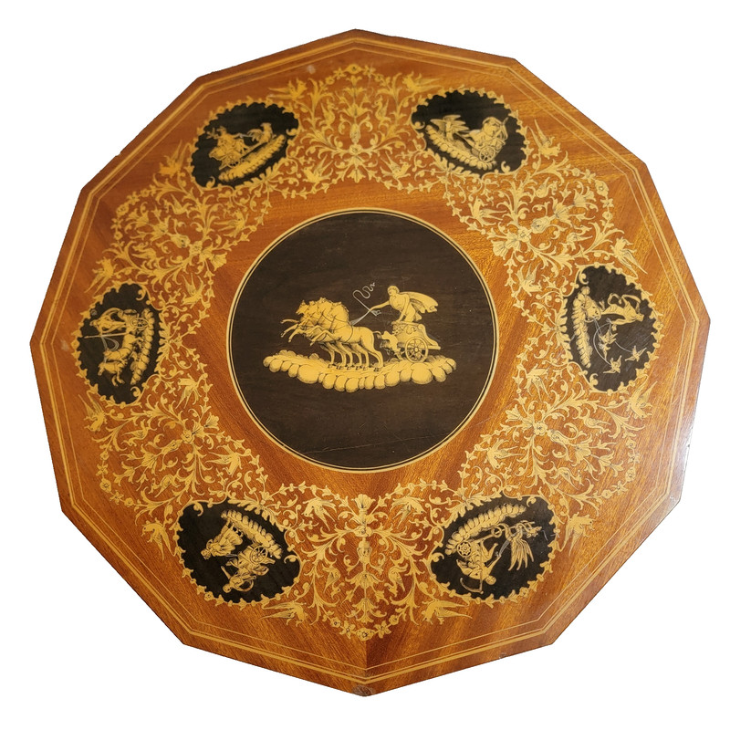 Vintage Italian Table w/Music Box Inlaid with Chariot Scenes and Margent Details