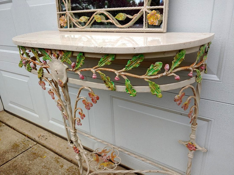 WONDERFUL 1920'S HAND WROUGHT IRON MARBLE TOP DEMILUNE HALL TABLE & MIRROR gallery