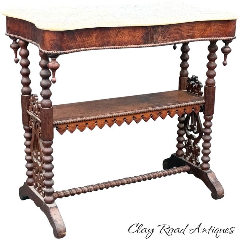 antique victorian gothic revival marble top table mahogany spool turned stand