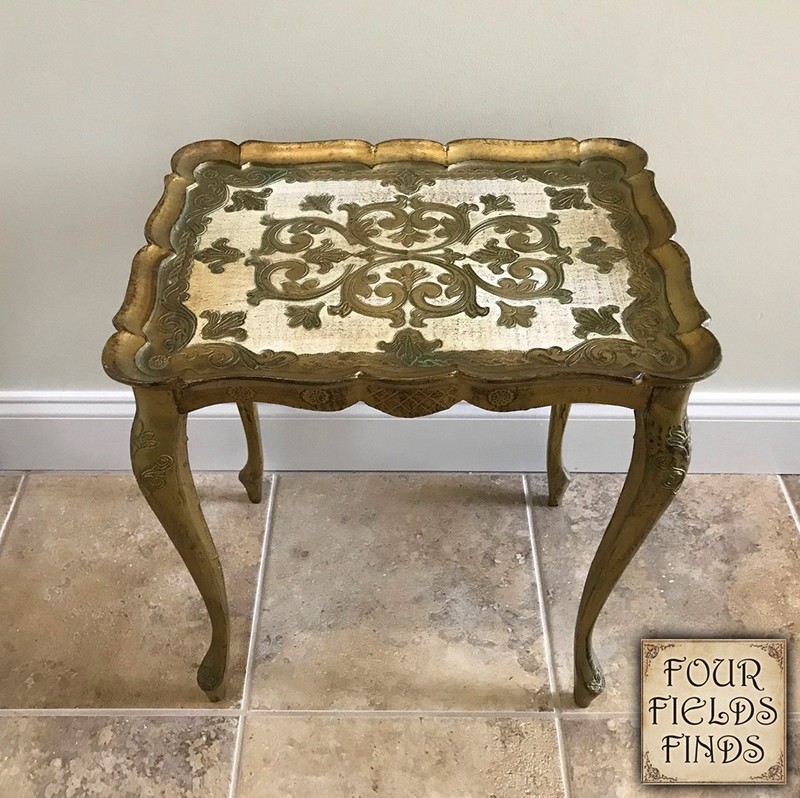Vintage Italian Florentine Accent Table Gold Gilt Tones & Off White, Ornate gallery