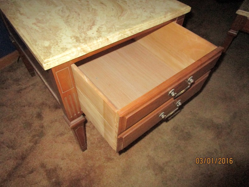 Antique Walnut End Tables With Swirled Marble Removable Tops gallery