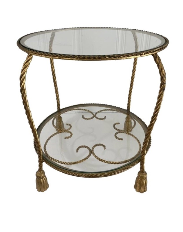 Mid Century Gold Italian Tassel Rope Round Side Table Hollywood Regency No Glass