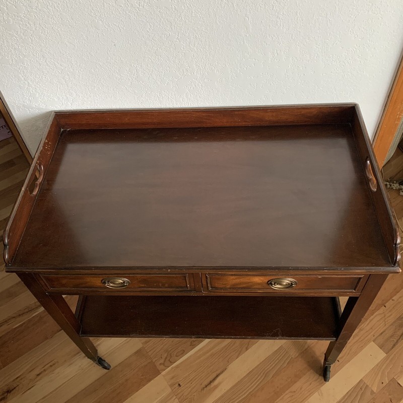 VTG 1930 Grand Rapids Hand Carved Solid Mahogany Wood 38" Serving Table on Wheel gallery
