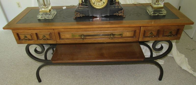 Oak Iron Base 3 Drawer Long Console with slate top gallery