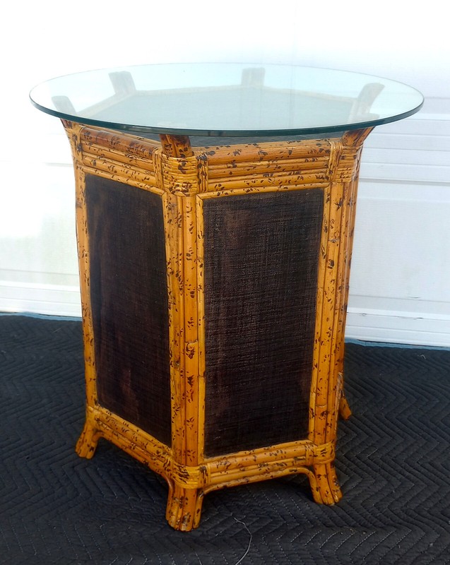 Vintage Bamboo Tortoise Shell Grass Cloth Hexagon Side Table Glass Top