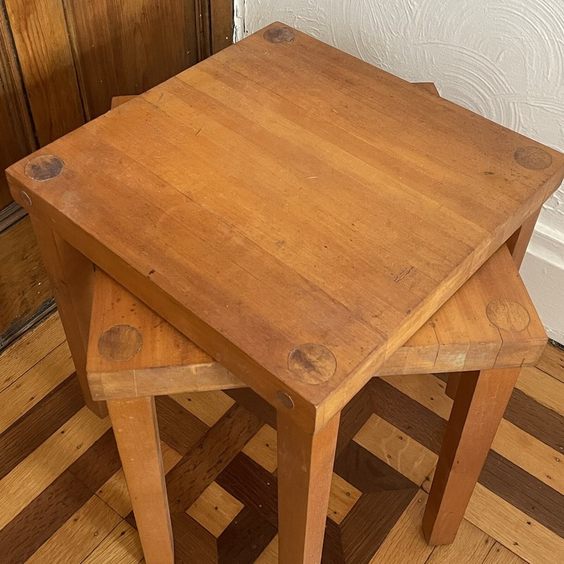 2 Vintage Butcher Block Stacking Side End Tables Hand Crafted Weathered Rustic gallery