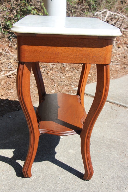 Walnut Victorian Marble Top Writing Table Desk with Shelf and Drawer gallery