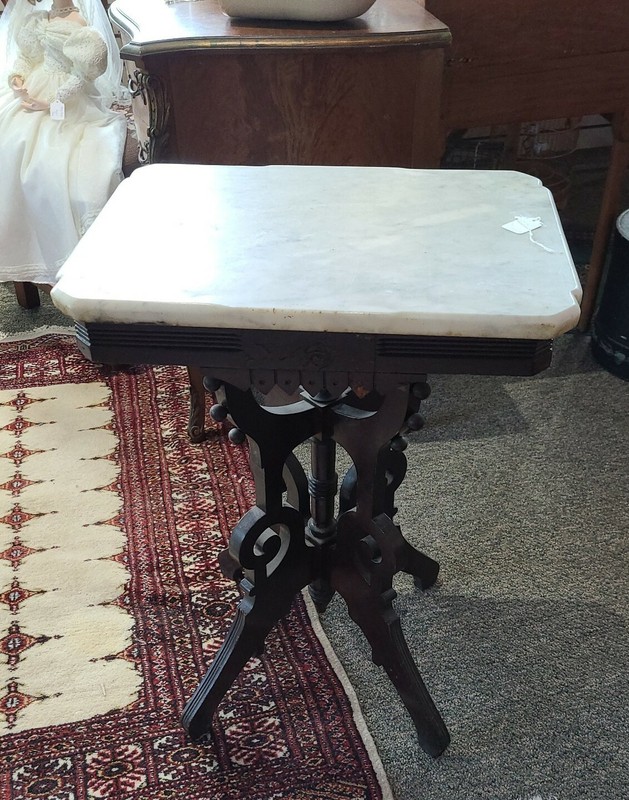 ANTIQUE VICTORIAN WALNUT PARLOR TABLE WITH MARBLE TOP 20"x15"x 27" PICK UP ONLY gallery