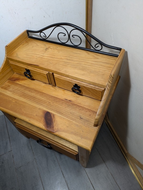 Vintage Rustic Farmhouse Country Pine Wood Petite Desk Kitchen Table w Drawers gallery