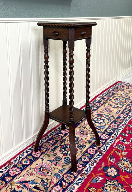 Antique English 4-Post Barley Twist Pedestal Plant Stand Jacobean Oak 39.5" Tall gallery