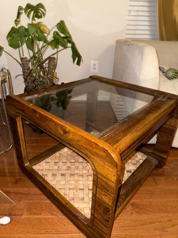 1940s/50s Vintage Waterfall Side Table | Glass Top | MCM | Solid Wood gallery