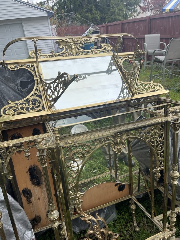 Victorian Antique Brass Console Table with Mirror, Carvings, Glass Shelves