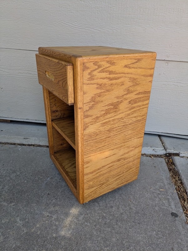 Vintage Rustic Country Oak Wood Rolling Nightstand End Table Shelf 1-Drawer N56 gallery