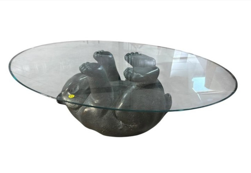 VTG Black Bear Glass Top Coffee Table Animal Sculptural Base 45” Cabin Lodge