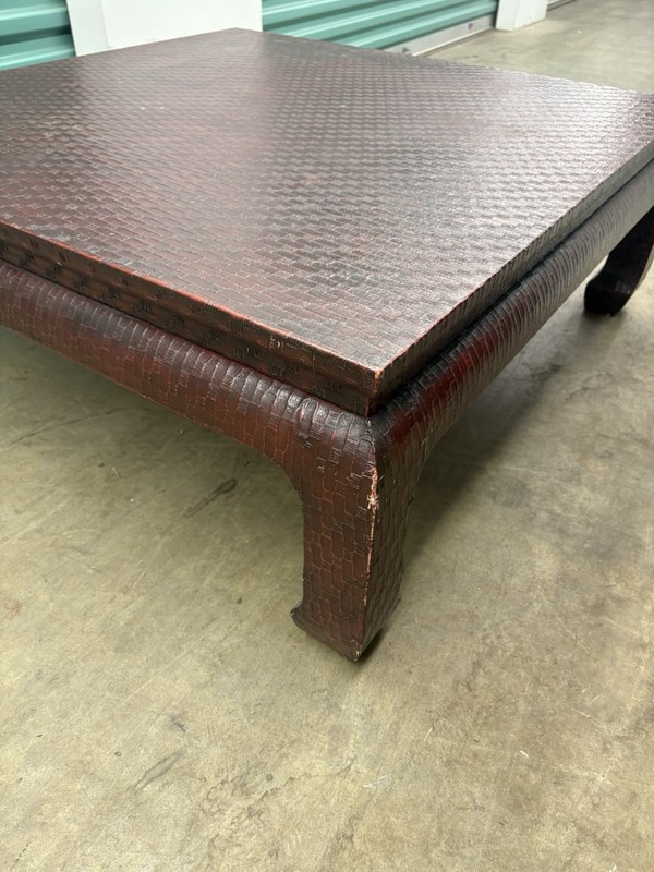 Vintage BAKER Ming Style Raffia Wrapped Coffee Accent Table in Burgundy 38" gallery